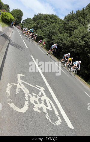 Esher, Surrey, England, UK. 2. August 2015. Teilnahme an der aufsichtsrechtlichen RideLondon-Surrey 100 Amateur-Radfahrer. Die 100-Meilen-Herausforderung ist auf der gleichen Strecke wie die Profis mit den zusätzlichen Anreiz von Geld für wohltätige Zwecke zu sammeln. Eine Gruppe von Radfahrern verlaufen entlang der Portsmouth Road in Richtung Kingston am Bein der Fahrt heimwärts. Bildnachweis: Julia Gavin UK/Alamy Live-Nachrichten Stockfoto