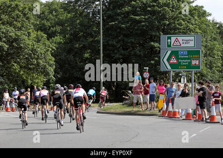 Esher, Surrey, England, UK. 2. August 2015. Teilnahme an der aufsichtsrechtlichen RideLondon-Surrey 100 Amateur-Radfahrer. Die 100-Meilen-Herausforderung ist auf der gleichen Strecke wie die Profis mit den zusätzlichen Anreiz von Geld für wohltätige Zwecke zu sammeln. Eine Gruppe von Radfahrern übergeben die Unterstützung von öffentlichen Kreisverkehr die Scilly-Inseln entlang der Portsmouth-Straße in Richtung Kingston am Bein der Fahrt heimwärts. Stockfoto