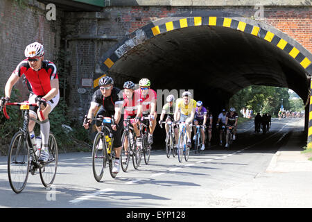 Esher, Surrey, England, UK. 2. August 2015. Teilnahme an der aufsichtsrechtlichen RideLondon-Surrey 100 Amateur-Radfahrer. Die 100-Meilen-Herausforderung ist auf der gleichen Strecke wie die Profis mit den zusätzlichen Anreiz von Geld für wohltätige Zwecke zu sammeln. Eine Gruppe von Radfahrern passieren Onder eine Eisenbahnbrücke entlang der Portsmouth Road in Richtung Kingston am Bein der Fahrt heimwärts. Stockfoto