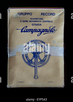 Vintage Campagnolo Record Kettenradgarnitur aus den 1970er Jahren in Originalverpackung. Stockfoto