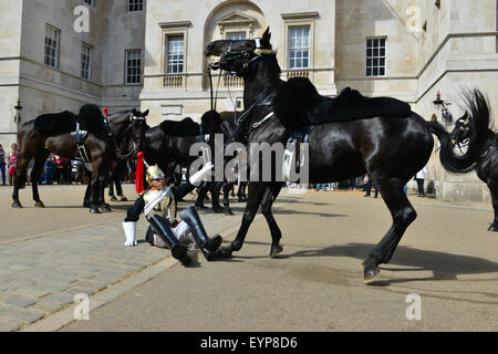 London, UK. 2. August 2015. Ein Soldat fällt vom Pferd auf Horse Guards Parade, London, UK, während die Wachablösung am Morgen des 2. August. Der Soldat versuchte, absteigen, als er erschien, seinen Fuß in den Stirup gefangen zu bekommen. Das Pferd aufgezogen auf und ab, er ging. Bildnachweis: Paul Briden/Alamy Live-Nachrichten Stockfoto