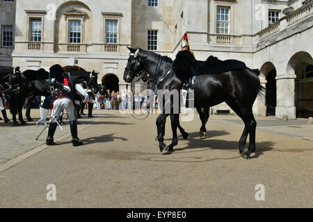 London, UK. 2. August 2015. Ein Soldat fällt vom Pferd auf Horse Guards Parade, London, UK, während die Wachablösung am Morgen des 2. August. Der Soldat versuchte, absteigen, als er erschien, seinen Fuß in den Stirup gefangen zu bekommen. Das Pferd aufgezogen auf und ab, er ging. Bildnachweis: Paul Briden/Alamy Live-Nachrichten Stockfoto