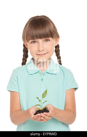 Kleines Mädchen mit zwei Zöpfen isoliert auf weiss Stockfoto