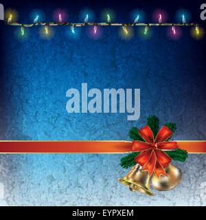 Zusammenfassung Hintergrund mit Weihnachtsbeleuchtung und Glocken auf blau Stock Vektor