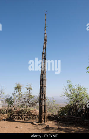 Generation-Pol auf dem zeremoniellen Platz errichtet, während Initiationsriten, Konso Region, Äthiopien Stockfoto