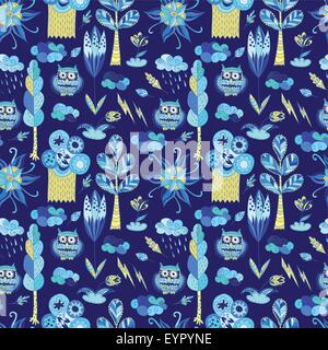 Vektor-blau doodle Muster mit Bäumen, Blumen, Eulen und Wolken Stock Vektor