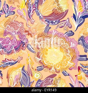 Skizzieren Sie warme Beige Sand farbigen Vektor nahtlose Hintergrund mit Blumen Stock Vektor