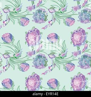Nahtlose bunte elegante romantische Print mit lila Umriss-Skizze-Blumen auf Mintgrün Hintergrund Stock Vektor