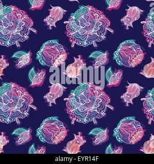 Blauer Hintergrund mit kreativen weiß glühenden skizzieren Sie Blumen für design Stock Vektor