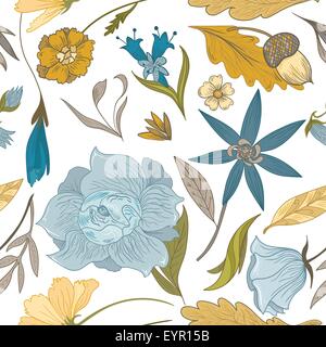 Nahtloser Vektor-Illustration mit Herbst Pflanzen und Blumen auf weißem Hintergrund Stock Vektor