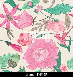 Vektor nahtlose Vintage-Hintergrund mit rosa und Minze Pflanzen und Blumen Stock Vektor