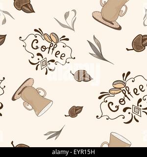 Beige und braun weiche Textur mit Kaffee Schriftzug, Bohnen und Tassen für Café-Menü, Tapete, Stoff-design Stock Vektor