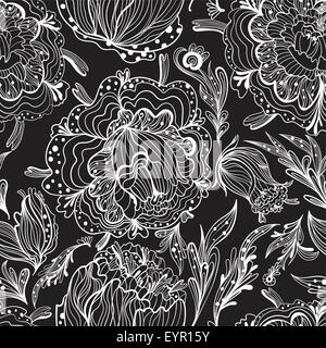Nahtloses aneinander Textur mit Grundrissskizze doodle Blumen auf schwarzem Hintergrund Stock Vektor