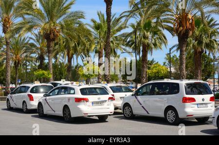 Weiße Taxis an einem Taxistand in San Antonio auf der weißen Insel Ibiza, Spanien. Stockfoto