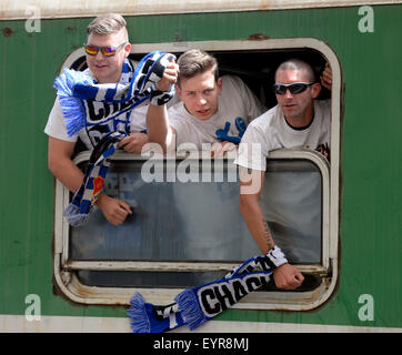 Fans von FC Banik Ostrava vor tschechischen Fußball Liga, 2. Runde, AC Sparta Prag Vs FC Banik Ostrava am 1. August 2015, Prag, Tschechische Republik. (CTK-Foto) Stockfoto