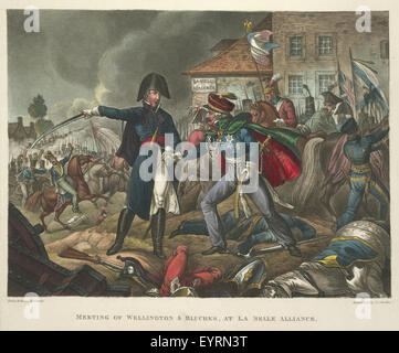 Die Kriege von Wellington, eine erzählende Gedicht. -Beschriftung: "das Treffen von Wellington und Blücher bei La Belle Alliance, während der Schlacht von Waterloo 1815. Die Niederlage der französischen Truppen von Napoleon Bonaparte. Die letzte große Schlacht der napoleonischen Kriege. " Die Kriege von Wellington, eine erzählende Gedicht - Beschriftung "der Stockfoto