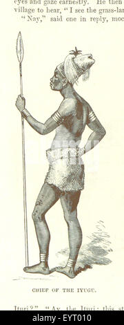 Dieses Bild, das auf Seite 204 von „in Dark Africa“ aufgenommen wurde, zeigt Holzschnitt-Illustrationen und Karten, die Szenen aus der Erkundung Zentralafrikas während der Kolonialzeit darstellen. Stockfoto
