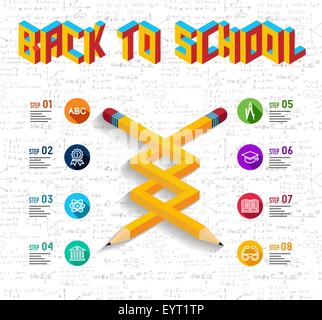 Zurück zur Schule Konzept Infografik mit unmöglich Bleistift Form Illustration und Bildung Elemente Musterdesign Hintergrund. Stock Vektor