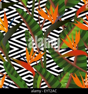 Bunte Retro-Vogel Paradiesblumen und geometrischen Musterdesign Hintergrund. Ideal für Stoff und Geschenkpapier Stock Vektor