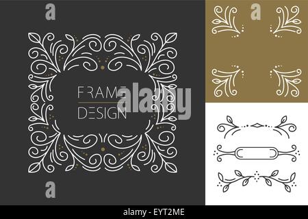 Retro Vintage Hipster set Linie Monogramm Designrahmen und Grenzen im floralen Stil. Ideal für Grußkarte, Markendesign Stock Vektor