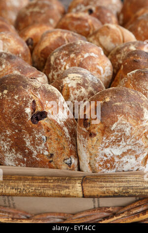 Nahaufnahme der Brote frisch gebackenes Olivenbrot in Korb Stockfoto