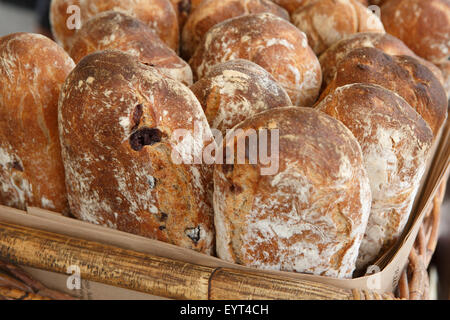 Nahaufnahme der Brote frisch gebackenes Olivenbrot in Korb Stockfoto