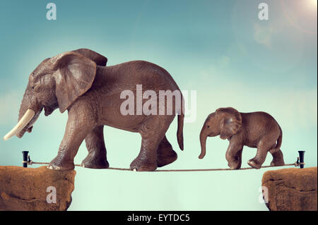 Mutter und Baby Elefanten Familie balancieren auf einem Drahtseil oder highwire Stockfoto