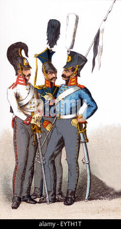 Die hier abgebildeten Figuren repräsentieren preußischen Militär in den frühen 1800er Jahren. Von links nach rechts, sie sind: Kürassier 1814, Ulanen und Dragoner. Die Abbildung stammt bis 1882. Stockfoto