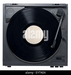 Retro-Plattenspieler mit Vinyl-Schallplatte auf einem weißen Hintergrund und leere Etikett mit Textfreiraum. Stockfoto