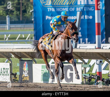 Oceanport, NJ, USA. 2. August 2015. Amerikanisches Pharoah überquert die Ziellinie, da er einfach auf Sieg bei der 2015 Haskell Invitational im Monmouth Park in Oceanport, NJ geht. Mike Langish/Cal-Sport-Medien. © Csm/Alamy Live-Nachrichten Stockfoto