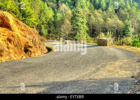 Wicklung Hill Road. schmale und kurvige Hügel Landstraße, die durch einen Wald in Nepal Stockfoto