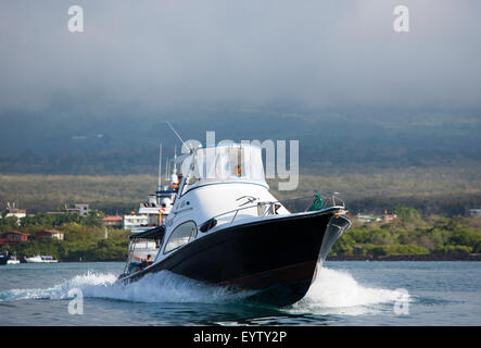 Vorderansicht einer kleinen Motoryacht mit Menschen verlassen den Hafen mit Häusern im Hintergrund, Galapagos-Inseln. Ecuador-2015 Stockfoto