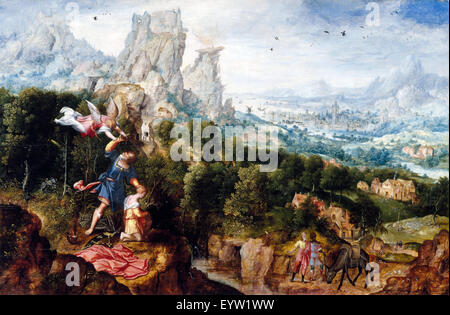 Herri met de Bles, Landschaft mit dem anbieten von Isaac 1535-1545 Öl auf Holz. Kunstmuseum in Cincinnati, Ohio, USA. Stockfoto