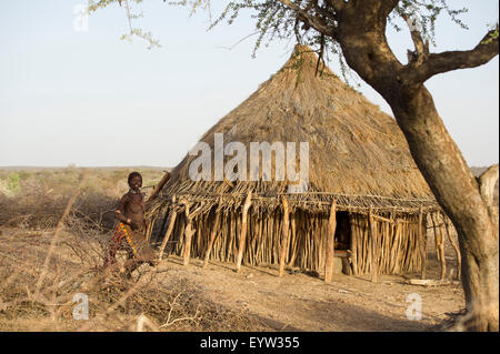 Hamer Gehöft, Turmi, South Omo Valley, Äthiopien Stockfoto