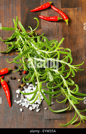 Zweige frischer Rosmarin, Pfefferkörner, rote Chilischoten und Salz aus dem Meer Stockfoto