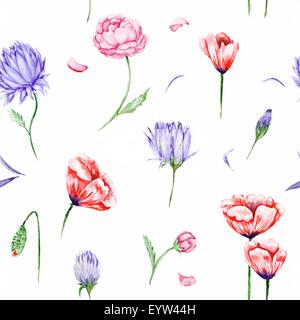 Heller nahtlose Hintergrund mit Rosen, Pfingstrosen, Mohn in lila und roten Farben her wallpaper, Textil- und Entwürfe Stockfoto