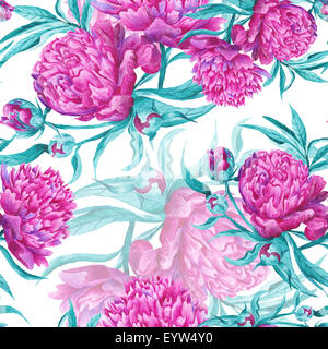 Nahtlose handbemalte botanische Illustration mit detaillierten rosa Pfingstrose Blumen auf weißem Hintergrund Stockfoto