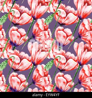 Vintage-nahtlose Hintergrund für Stoff und Tapeten design mit roten Blüten auf violettem Hintergrund, Romantik und Leidenschaft Stil, für Stockfoto