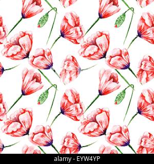 Schönen handgemalten Aquarell nahtlose Hintergrund mit roten Blumen für Textil-und Tapete, Hochzeit-Stil, romantisch Stockfoto