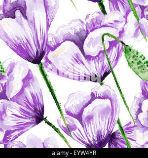 Handbemalte nahtlose Textur mit violetten Blüten auf weißem Backgroung für Textil, Tapete und romantische Design. Hochzeit, Personalabteilung Stockfoto
