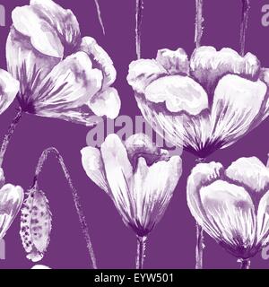 Nahtlose Hintergrund mit weißen Blumen gemalt auf violettem Hintergrund für Textil- und Tapete druckt, Fliesen, romantische und frische Stockfoto