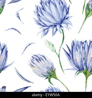 Nahtloser Aquarell Hintergrund mit blauen Blüten auf weißem Hintergrund, weich und zart, für romantische Design z. B. Wand isoliert Stockfoto