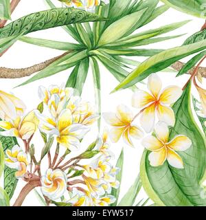 Handgemalten Aquarell botanische Illustration mit Plumeria Blumen und Yucca Tree, nahtlose Kachel Stockfoto