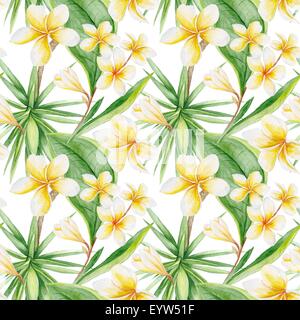 Handgemalten Aquarell botanische Illustration mit Plumeria Blumen und Yucca Tree, nahtlose Kachel Stockfoto