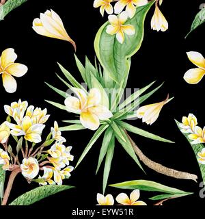 Nahtlose exotische Aquarell Abbildung mit Plumeria Blumen und Yucca-Palme Stockfoto