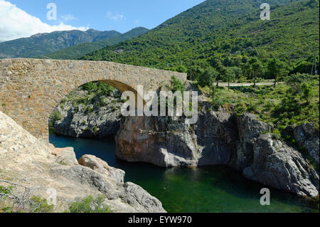 Ponte Vecchiu über die wilden Flussbett des Fangu oder Fango, Fango-Tal, in der Nähe von Tuarelli, Galeria, Haute-Corse, Korsika, Frankreich Stockfoto