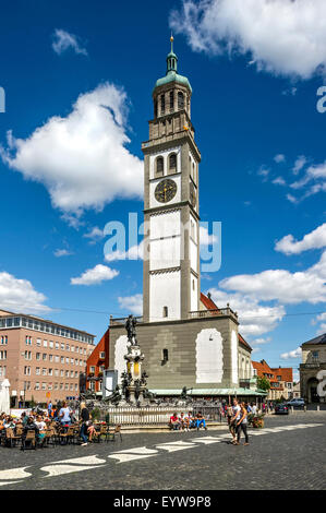 Perlach Turm, Kirche St. Peter, Augustus-Brunnen, Rathausplatz Quadrat, Augsburg, Schwaben, Bayern, Deutschland Stockfoto