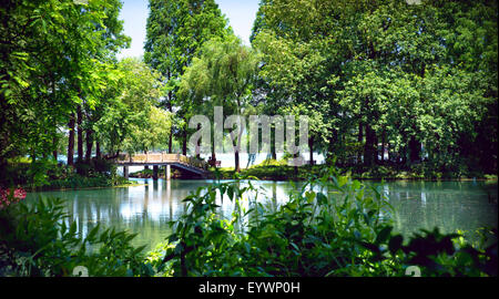 Abgeschiedenen Steinbrücke, umgeben von üppigen Landschaft am Westsee, Hangzhou, Zhejiang, China, Asien Stockfoto