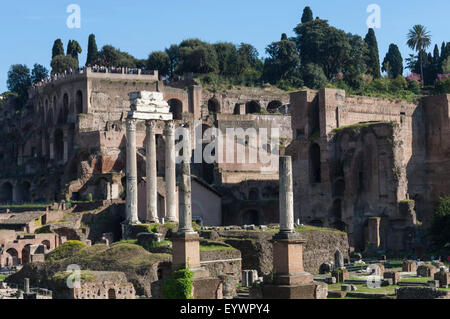 Antiken Forum Romanum und die drei Säulen der Tempel des Castor und Pollux, UNESCO-Weltkulturerbe, Rom, Latium, Italien, Europa Stockfoto