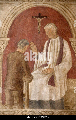 Fresko der heiligen Beichte in Sainte Genevieve Kathedrale, Nanterre, Hauts-de-Seine, Frankreich, Europa Stockfoto